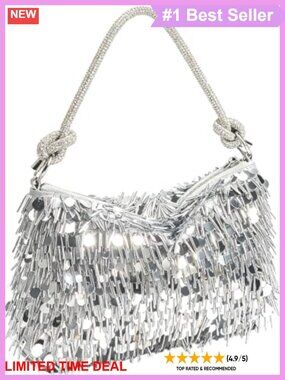 Sequin Fringe Clutch Purse Evening Bag with Rhinestone Strap
